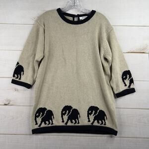 Vtg Bleyle Sweater Womens Size L Tan Black Elephants 3/4 Sleeve Linen Blend
